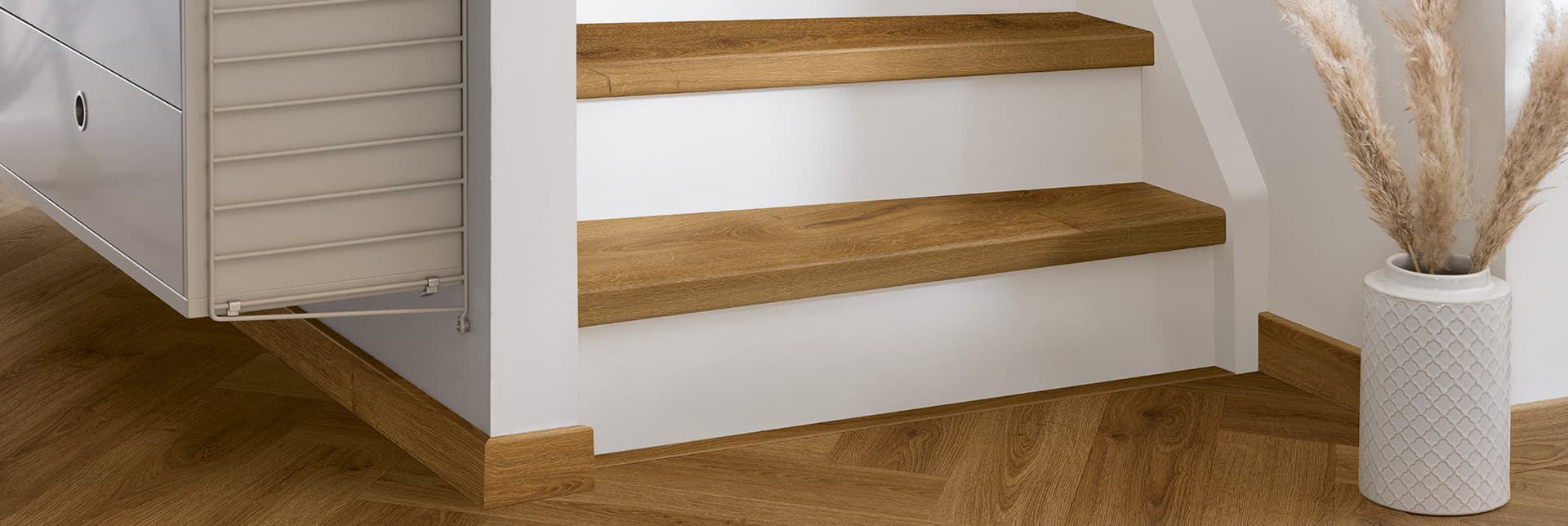 Brown voxnan vinyl floor on a white staircase